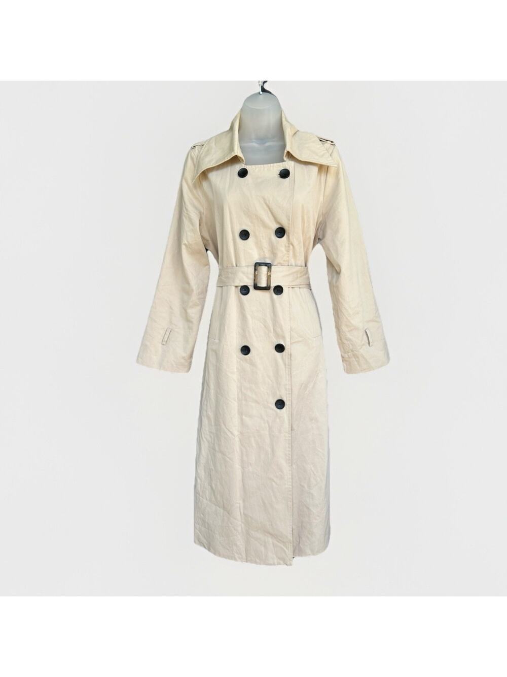 Trench Coat Women's Size Med Belted Jacket 100% Cotton Double Breasted Khaki